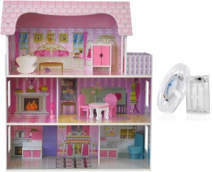 Drewniany domek dla lalek z oświetleniem LED